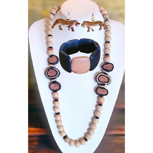 Set of 3- Wood Lion Earrings, Beaded Woven Necklace, Acrylic Stretch Bracelet - Picture 1 of 4